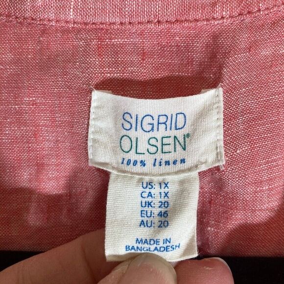 Sigrid Olsen Linen Popover Top 1X Coral Roll Tab Sleeve Lagenlook Beach Vacation - Picture 2 of 7